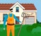 Man Gardener with Rake on Farming House Background