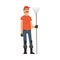 Man Gardener Standing with Rake, Male Farmer Character Working at Garden or Farm Vector Illustration