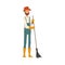 Man Gardener Sweeping with Broom, Cheerful Male Farmer Character in veralls Working at Garden or Farm Vector