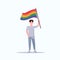 Man gay holding lgbt rainbow flag love parade pride festival concept smiling male cartoon character full length flat