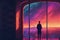 Man gazing from balcony upon futuristic city ablaze with vibrant illumination. Illustration painting