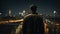 Man Gazing City Skyline Nighttime Urban View Streetscape Metropolis Lights. Generative AI.