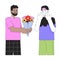 Man gifting flower bouquet to male lover male line cartoon flat illustration