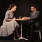 A man with a girl plays chess and smokes a pipe on a dark background