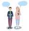 Man in and girl and speech bubbles. Vector flat cartoon. Young couple students in casual clothes. Fashion modern stylish