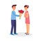 Man give bouquet flower to female character, lovely people couple. Concept pair amorous day, cute date time.