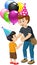 A Man Give Colorful Balloons To a Boy Cartoon