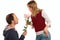 Man gives flower to woman