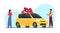 Man gives woman car as gift. Birthday surprise, automobile lottery prize, auto with red bow. Passenger personal city
