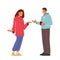 Man Giving Banknotes To Woman With Stretched Hand. Female Character Taking Loan, Borrowing Money From Friend Or Husband