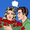 Man Giving Flowers to his Girlfriend and Whispering in her Ear. Happy Couple. Pop Art