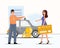 Man giving a key from the car to the young woman. Purchase, car insurance concept illustration in flat cartoon style.