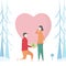 Man are giving wedding ring to his girlfriend. Scene design about couple of love in winter season. Vector illustration in flat