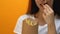 Man giving woman french fries in carton box, american cuisine, food delivery