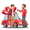Man Giving Woman Keys Of Red Car Vector. Present, Gift. Illustration