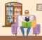 Man in glasses reading a book sitting in armchair in cozy livingroom interior, resting at home