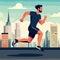 Man goes in for sports runs in morning in city. Active lifestyle in urban