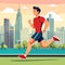 Man goes in for sports runs in morning in city. Active lifestyle in urban