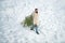 Man is going to cut a Christmas tree. Funny Santa man posing with axe and Christmas tree. Man with beard bears home a