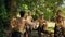 A man with a golden costume and golden crown talks to a group of a man near the green tree