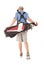 Man with golf bag walking away from the camera