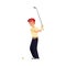 A man golfer stands in a red cap and hits with a club.