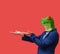 Man with googly-eyed frog mask looking pointing and holding with both hands on red background