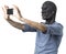 Man in Gorilla Mask Taking Selfie with Phone Isolated Cutout