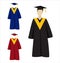 Man in graduation ceremonial clothing. Set of graduate hats, academic squares or student caps and mantles in different