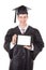 Man in graduation robe showing tablet pc