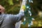 Man in gray holding christmas lights climbs ladder