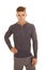 Man gray long sleeve shirt stand serious hand hip