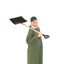 Man in green coat with snow shovel.