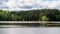 Man in green shirt standing on dock on lake