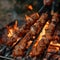 Man grills shish kebab over flames, sizzling with deliciousness