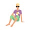 Man or guy sitting in shorts and sun goggles, flat vector illustration isolated.