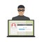 Man hacker in mask steals passwords and information. Spamming, virus detection. Hacker attack, scam alert. Laptop with unlock