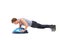 Man, half ball and push up or fitness in studio, core strength and workout challenge for wellness. Male person, athlete