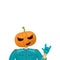 Man in halloween costume with pumpkin mask isolated on white background. Happy Halloween rock n roll party background