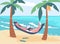 Man in hammock relaxing on beach. Happy tourist and freelance worker with laptop on vacation. Holiday summer rest on