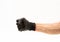 Man hand with black anti slip gloves on white background