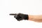 Man hand with black anti slip gloves on white background