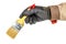 Man hand in black protective glove and brown uniform holds unused construction paintbrush isolated on white background
