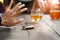 Man hand with car key on table rejecting drinking alcohol