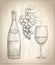 Man hand holding bunch of grapes, glass of wine and a bottle of wine illustration