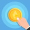 Man hand holding Ethereum Cryptocurrency gold coin icon. Blockchain technology concept.