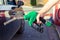 Man hand holding gasoline pump in a gas station