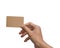 Man hand holding, showing, giving, present, brown empty card iso