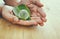 man hand holding small earth globe and Green Leaf, Earth day concept. giving and health concpet.