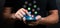 man hand holding smartphone with virtual social media icon. Social media and digital online concept. close up, dark background